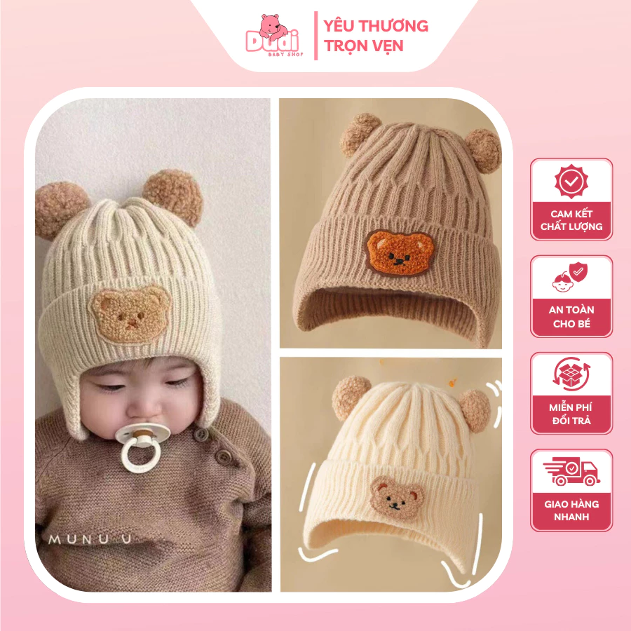 [0-12 THÁNG TUỔI] Mũ Len, Nón Len Bịt Tai Mùa Đông Có Đính 2 Quả Bông Dễ Thương, Ấm Áp, Kèm Họa Tiết Gấu Bông - M15