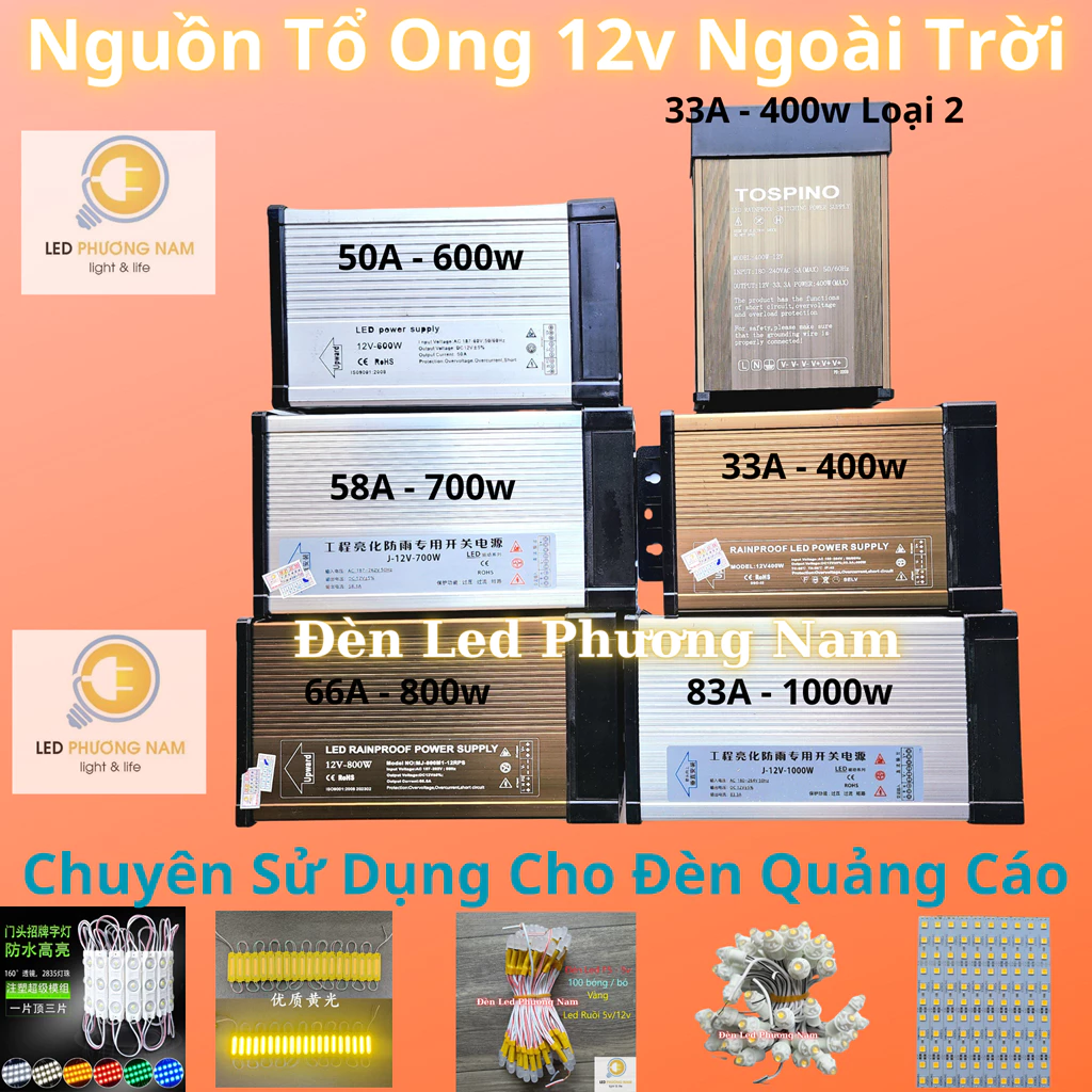 Nguồn Kín Nước Ngoài Trời 12v 33A/40A/50A/60A/70A/80A, Nguồn Tổ Ong 12v, Bộ Chuyển Đổi Nguồn 220v qua 12v