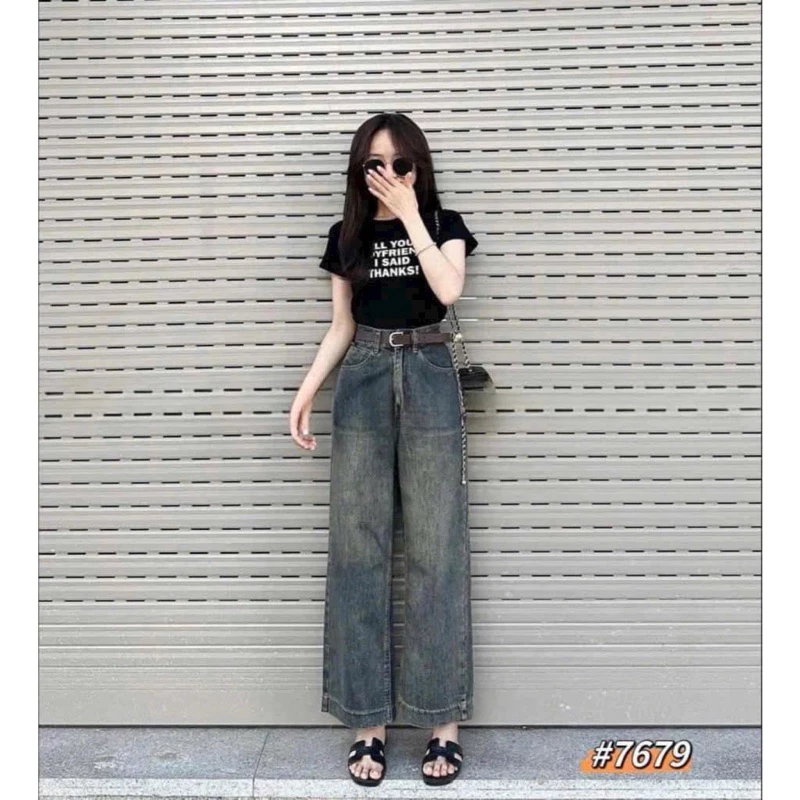 Quần jeans nữ dáng nấm bản cạp cao màu xanh bụi chất đẹp hack dáng cực đỉnh ( sẵn ship )