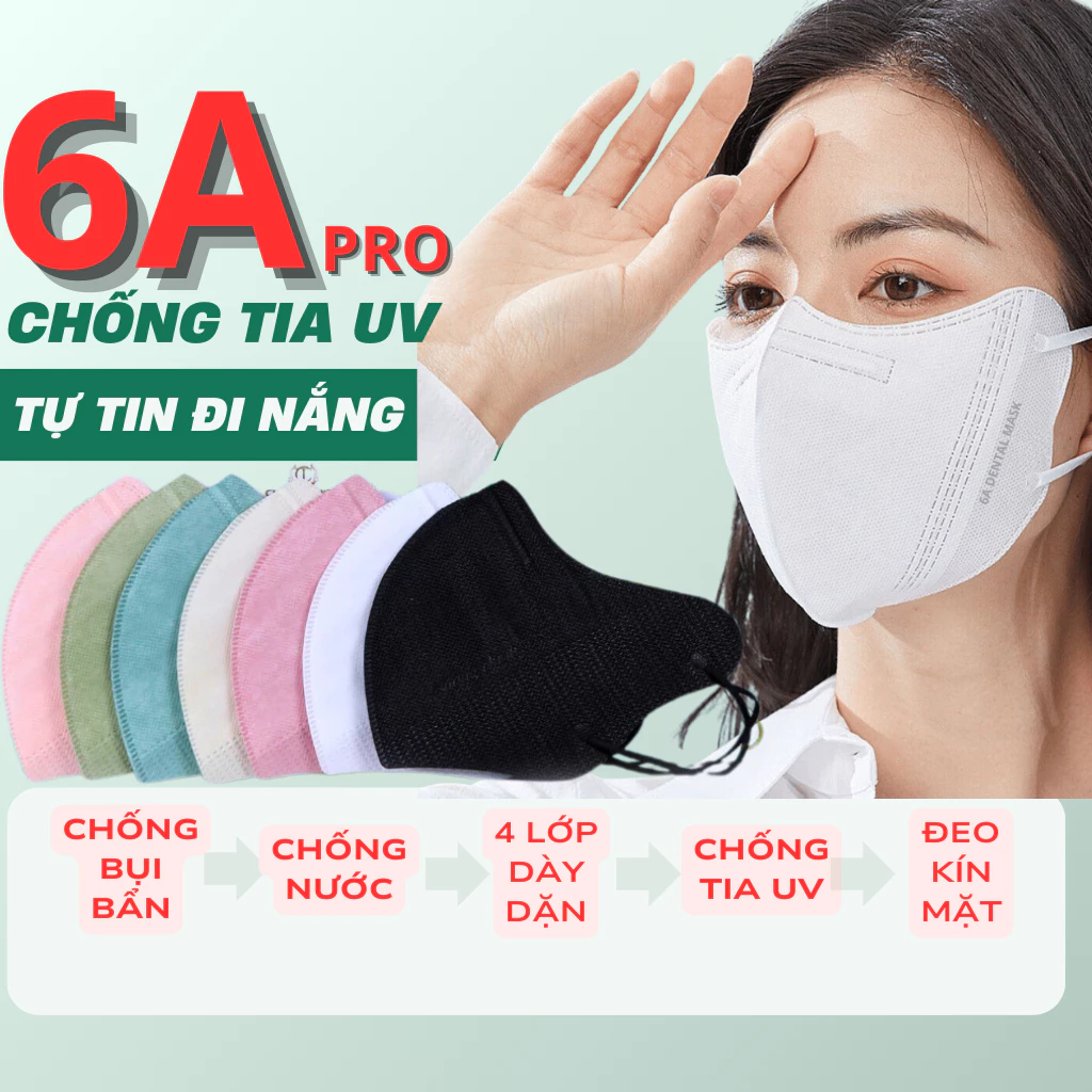 Thùng 200-100 Cái Khẩu trang 6A DENTAL 4 lớp kháng khuẩn, Dày Dặn chống tia UV, che kín khuôn mặt