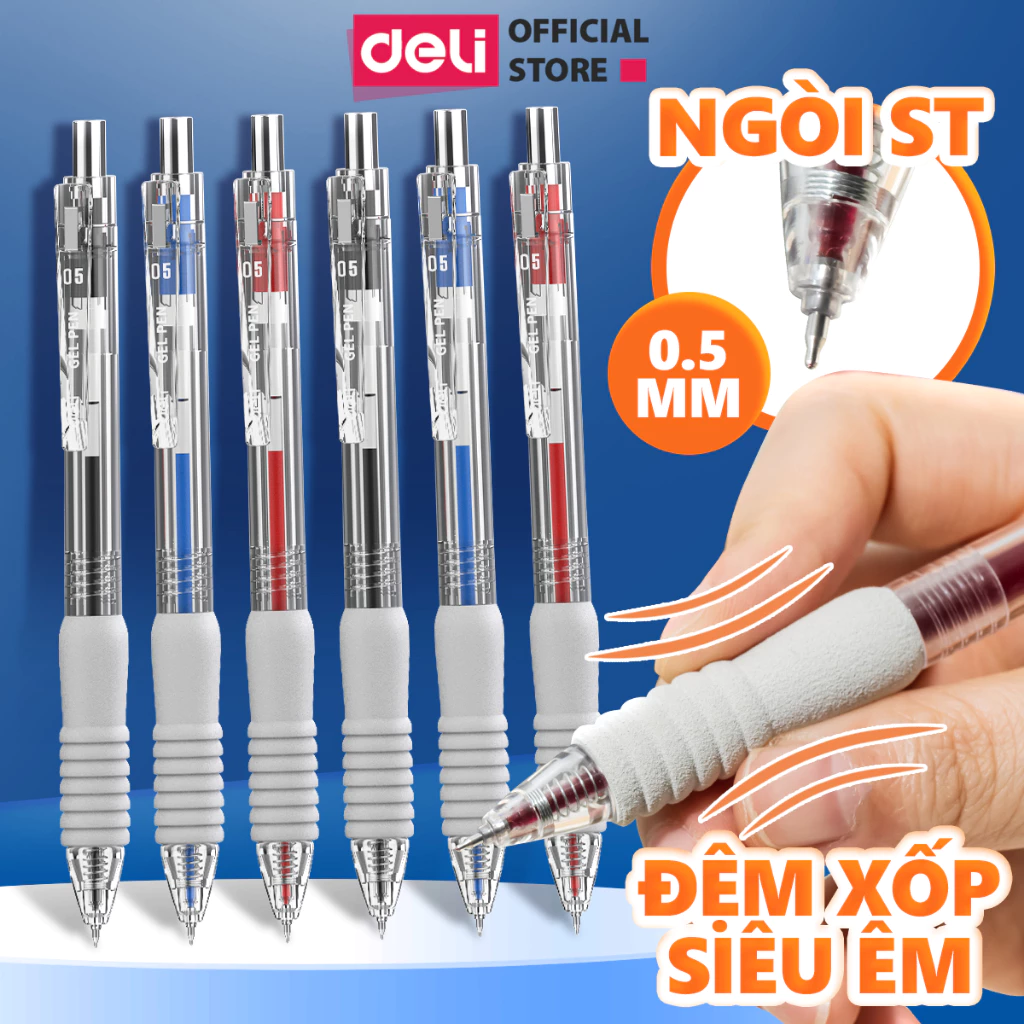 [ĐỆM XỐP SIÊU ÊM] Bút Bi Nước Bút Gel Mực Bấm Deli Đệm Xốp Nhiều Màu Trơn Tru Ngòi 0.5mm Dành Cho Học Sinh Sinh Viên