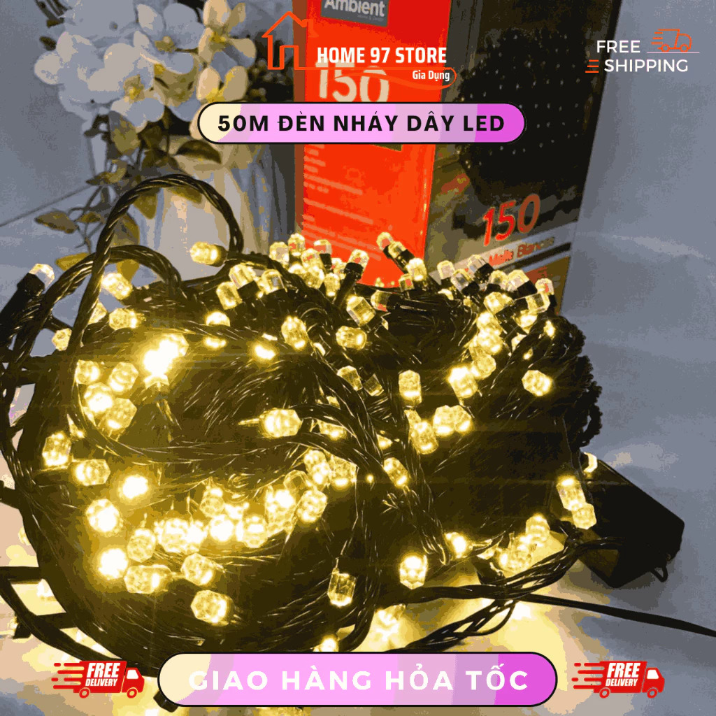 Bộ Đèn Nháy 50m Kim Cương, Dây Led Trang Trí Cuốn Cây, Trang Trí Nhà Cửa Sân Vườn