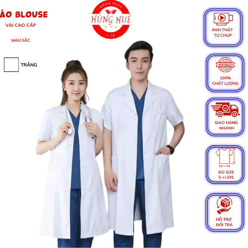 Áo Blouse trắng dáng dài cộc tay áo lab cho bác sĩ, dược sĩ, spa, thẩm mỹ hàng…