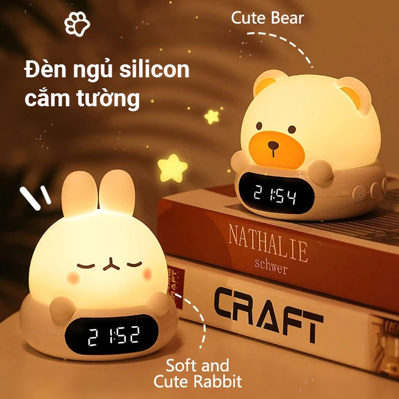 Đèn ngủ cắm tường Gấu Thỏ Dễ Thương có điều khiển từ xa và đồng hồ - 3 nhiệt độ màu sáng - Điều chỉnh độ sáng vô cấp