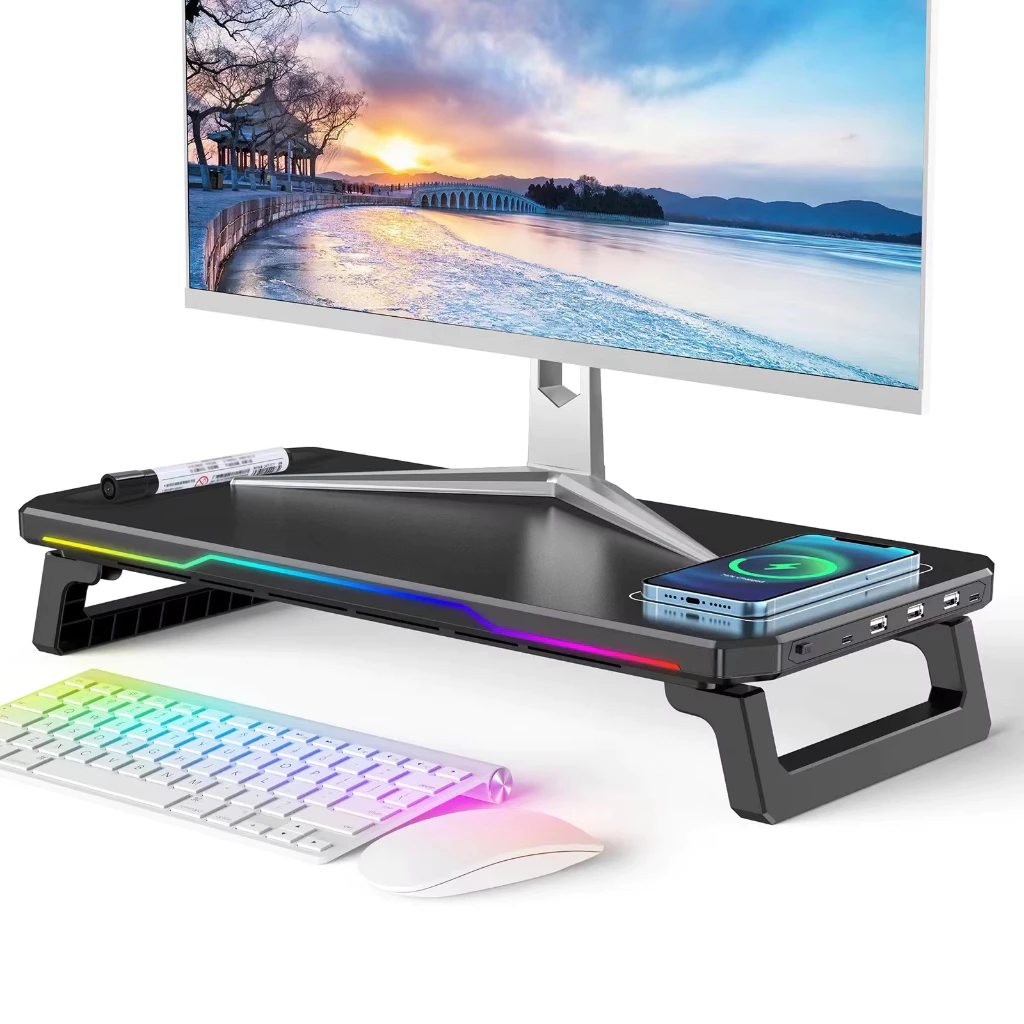 Kệ giá đỡ màn hình PC gấp gọn kiêm Sạc Không Dây BT109 - LED RGB  - 3 Cổng USB và Sạc không dây