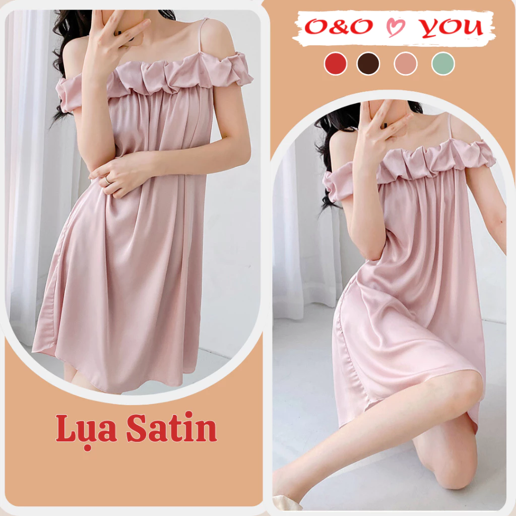 Váy ngủ 2 dây dáng xuông liên thân, phong cách Pháp, vải lụa satin, cổ hoa trễ vai A891 O&O