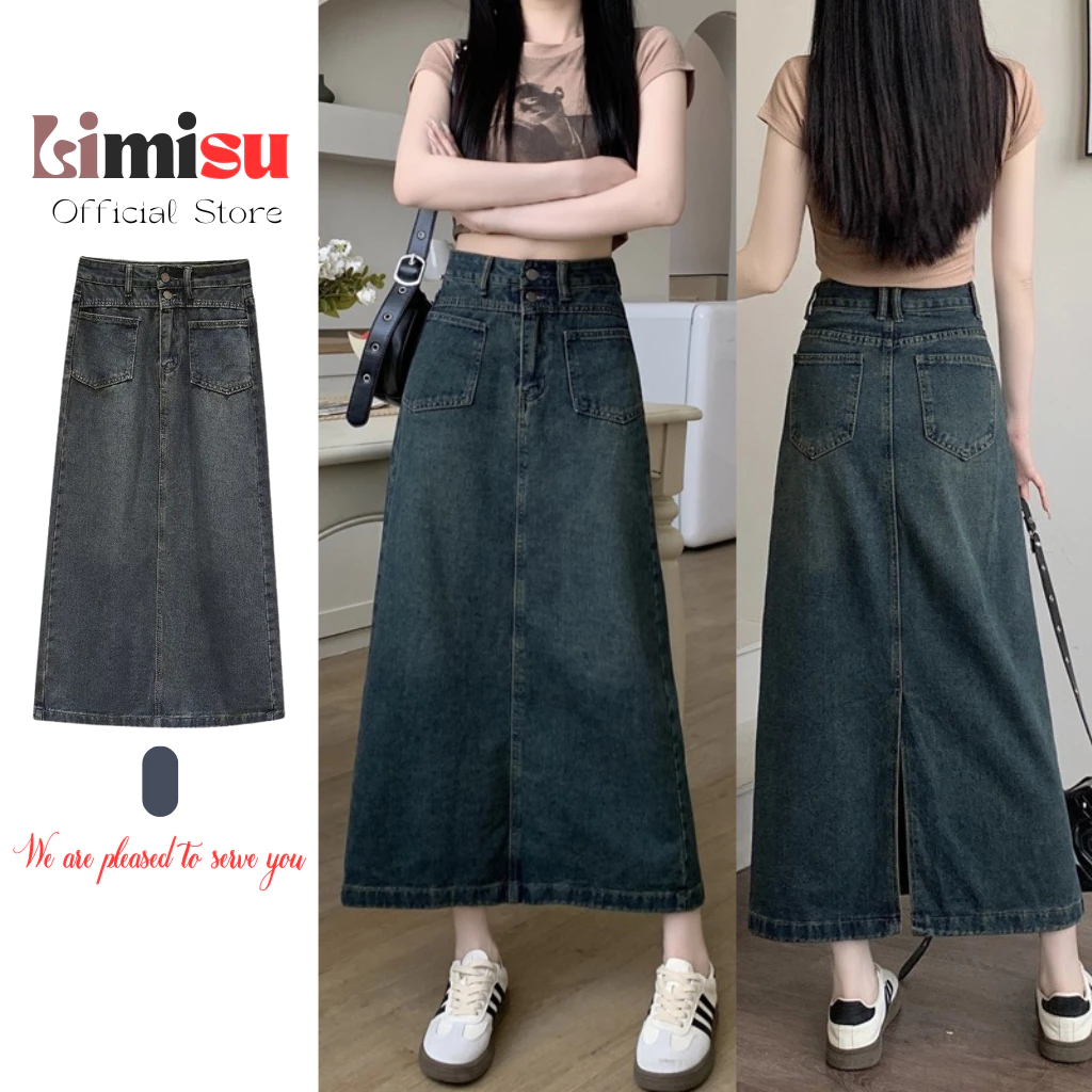 Chân Váy Jean Nữ Cạp Cao Dáng Dài LIMISU Chân Váy Bò Chữ A Xẻ Tà Sau Phong Cách Retro V2