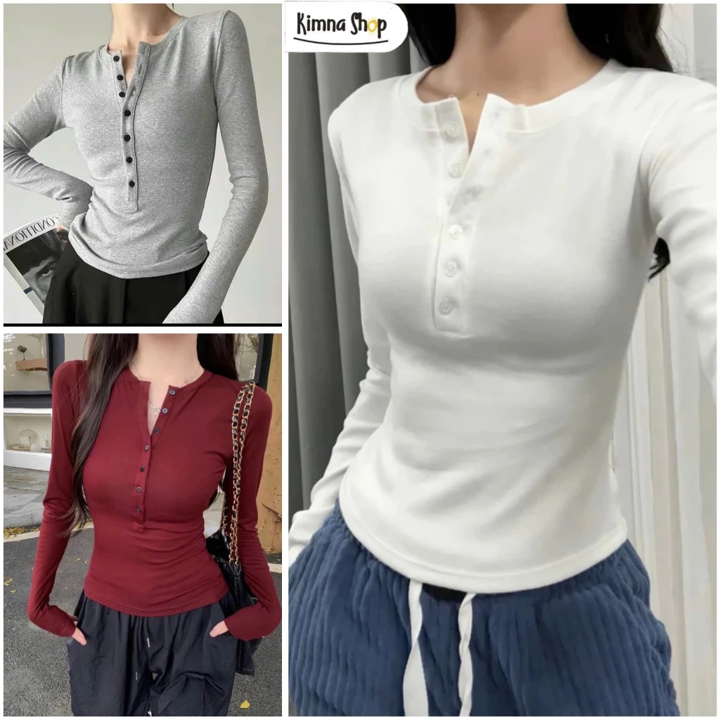 Áo Thun Tăm Thỏ Tay Dài Phối Cúc Ôm Body Tôn Dáng