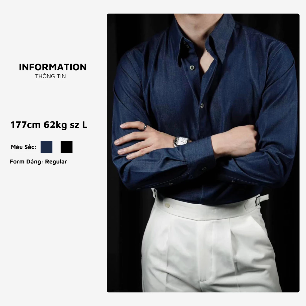 Áo sơ mi denim nam đen ARMCEO cao cấp cổ button down sang trọng -S07