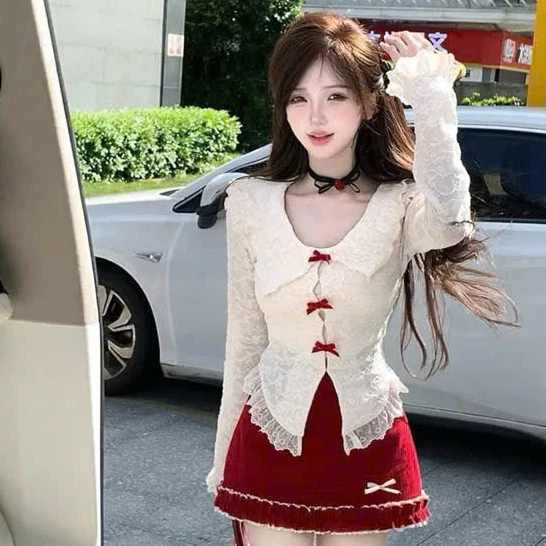Set Áo Ren Đính Nơ Kèm Chân Váy Đỏ Hàng Loại 1, Set Đồ Nữ Đi Chơi 3 Món Sang Chảnh Tôn Dáng Cho Nàng- XM Minh Phúc
