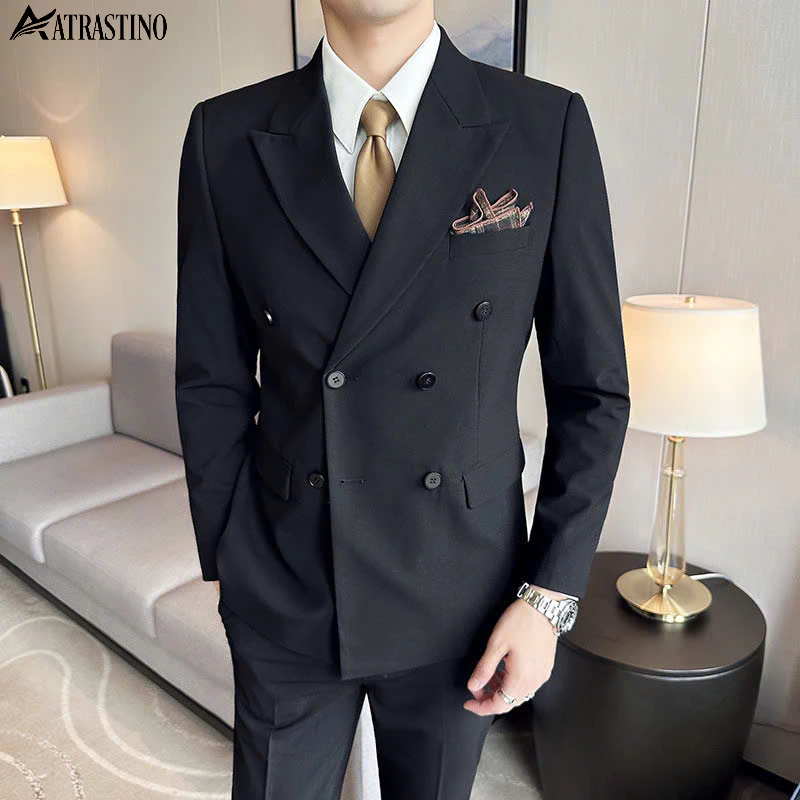 Áo Vest Nam 6 Cúc Vải Chéo 79 Cao Cấp  ATRASTINO , Bộ Comple Màu Đen 4 Lớp Có Đệm Vai Thanh Lịch- VEST001
