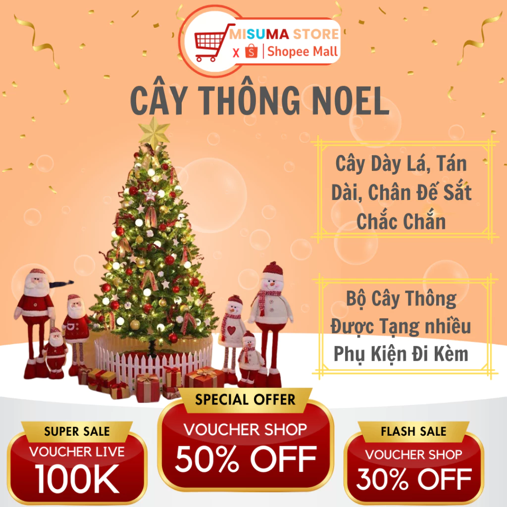 Cây Thông Noel Misuma Trang Trí Noel Giáng Sinh Đủ Loại Cây 1m5,1m6, 1m8, 2m1,Tán Dài, kèm nhiều phụ kiện Cao Cấp