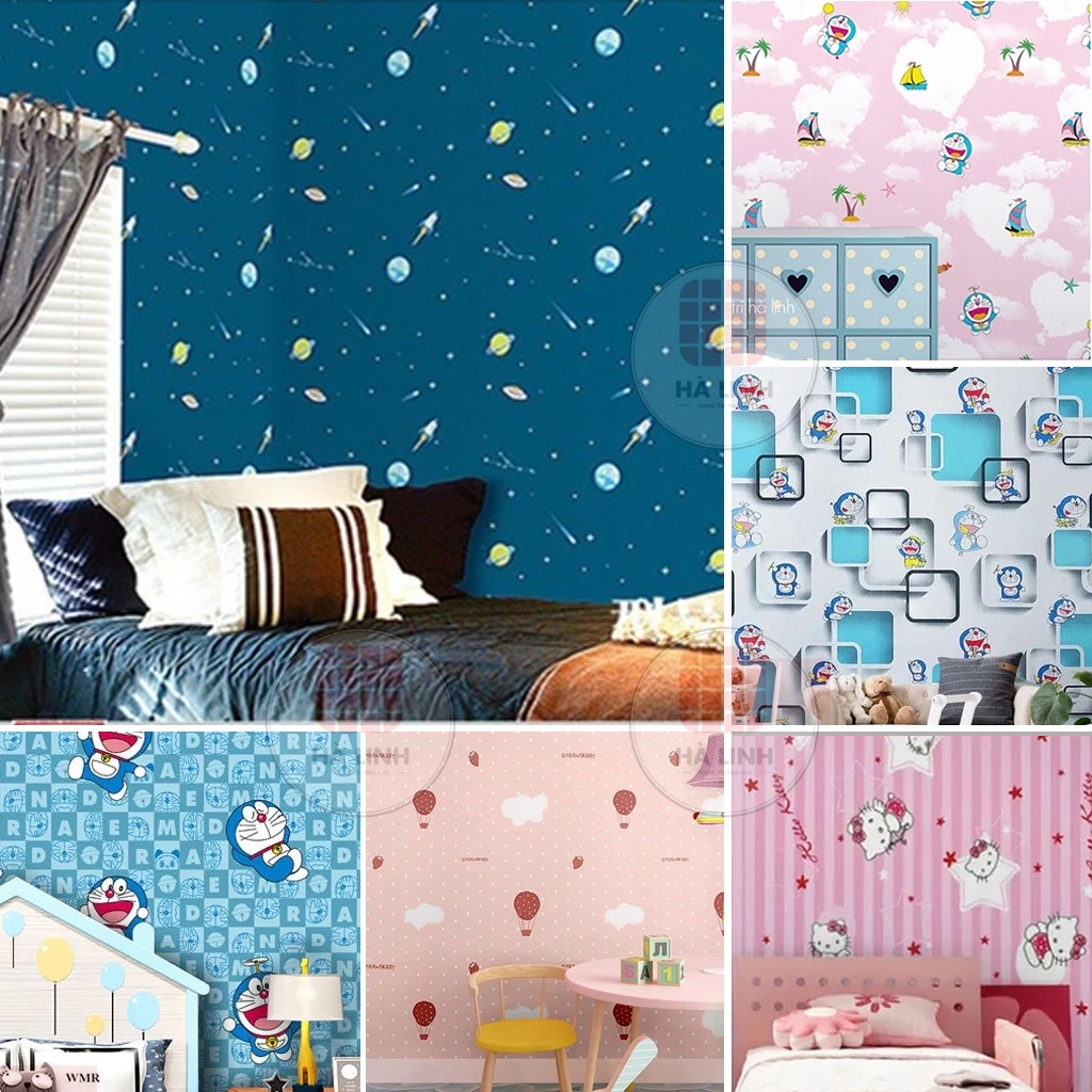 Giấy dán tường hoạt hình trẻ em doraemon hello kitty sẵn keo nhiều mẫu đẹp cho bé 0.45mx10m