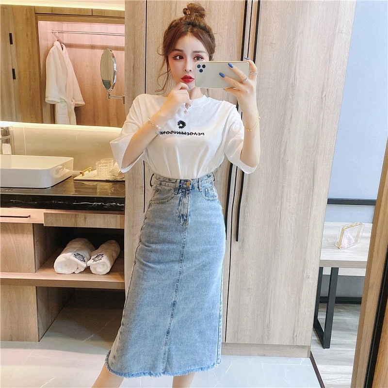 Chân váy jean dài qua gối màu xanh đá co dãn mạnh 3170