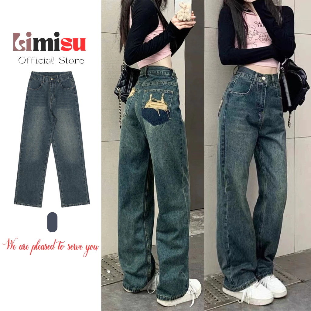 Quần jean ống rộng nữ màu Retro LIMISU quần bò nữ ống rộng cạp cao thiết kế túi rách sau cá tính JRS
