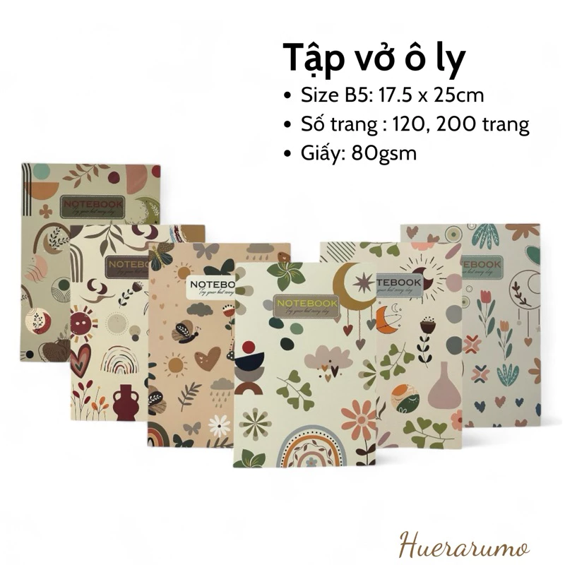 Vở ô ly B5 120-200 trang HUERARUMO, gáy khâu chỉ bước dài dấu ngoài, giấy cao cấp DL 80gsm.