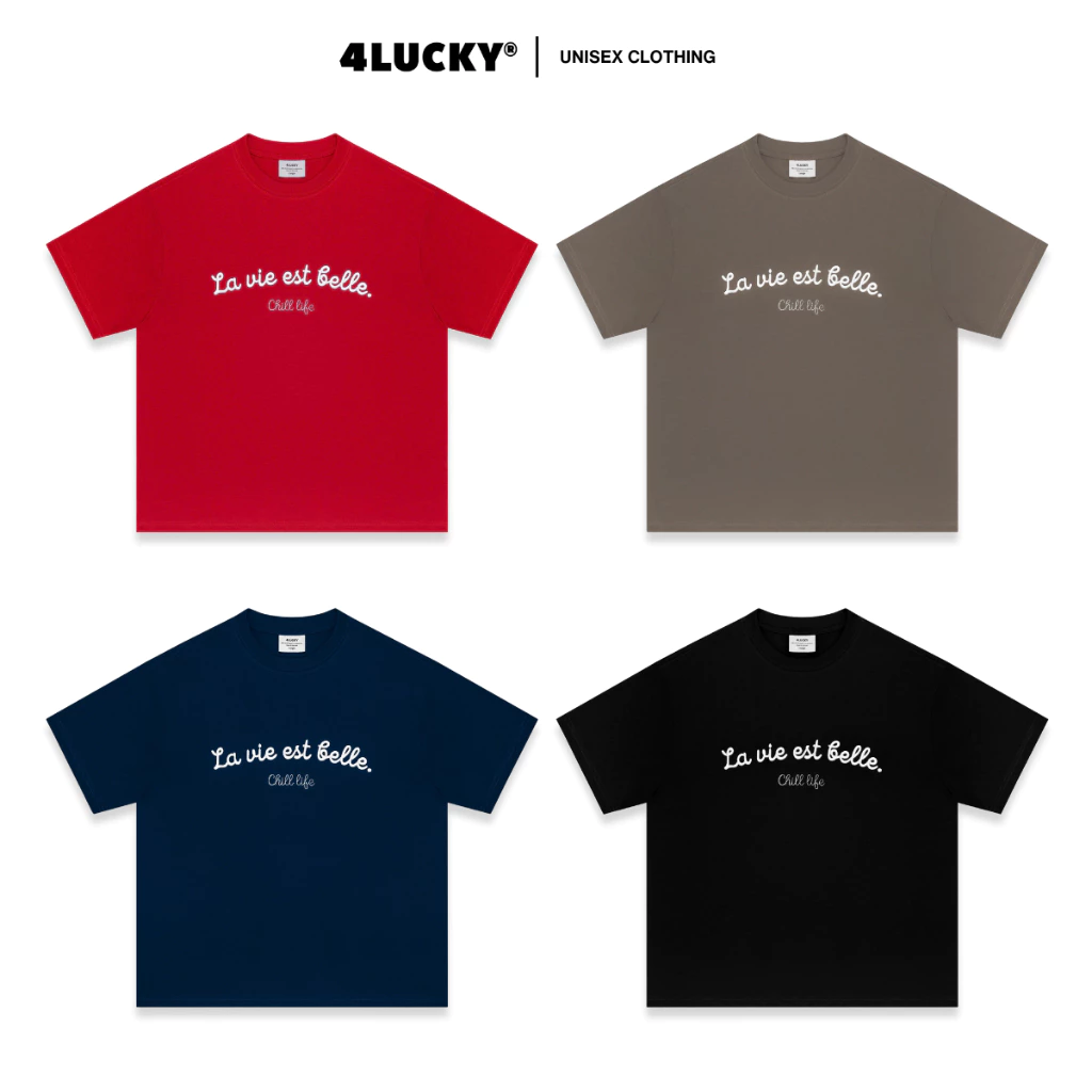 Áo Thun Boxy Thêu Đắp Mút Basic 4LUCKY 6411, Áo Thun Form Boxy Nam Nữ, Áo Thun Thêu Cotton Co Giãn Thoáng Mát Unisex