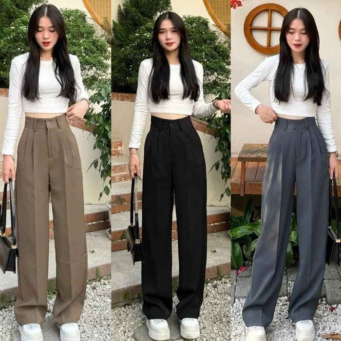 (Vải Tuyết Mưa)Quần ống rộng nữ cạp cao đi học công sở biển du lịch có túi dáng quần tây ống suông nữ m50 m55 m60 m65