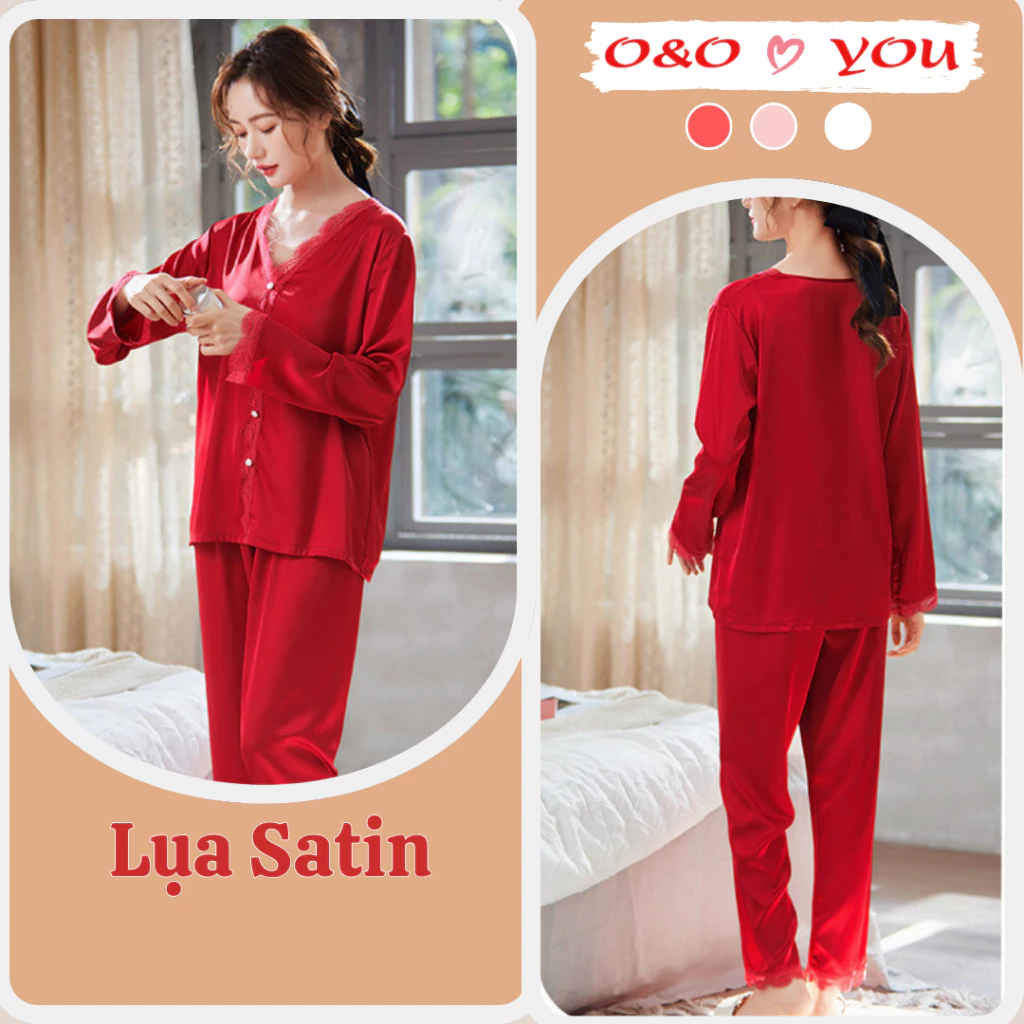 Bộ quần áo ngủ Pỵama lụa satin, trơn thoáng mát, kiểu dáng ren hoa, cúc áo trang trí A25388 O&O