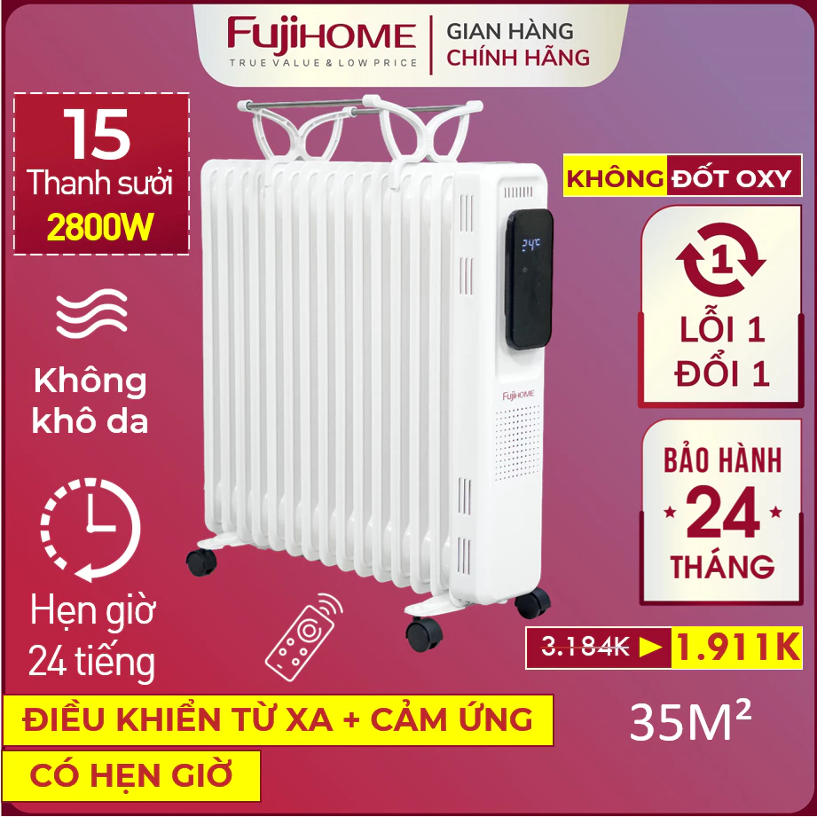 Máy sưởi dầu Nhập Khẩu 15 thanh điều khiển từ xa không khô da FUJIHOME, lò sưởi phòng điều chỉnh nhiệt độ ko đốt oxy
