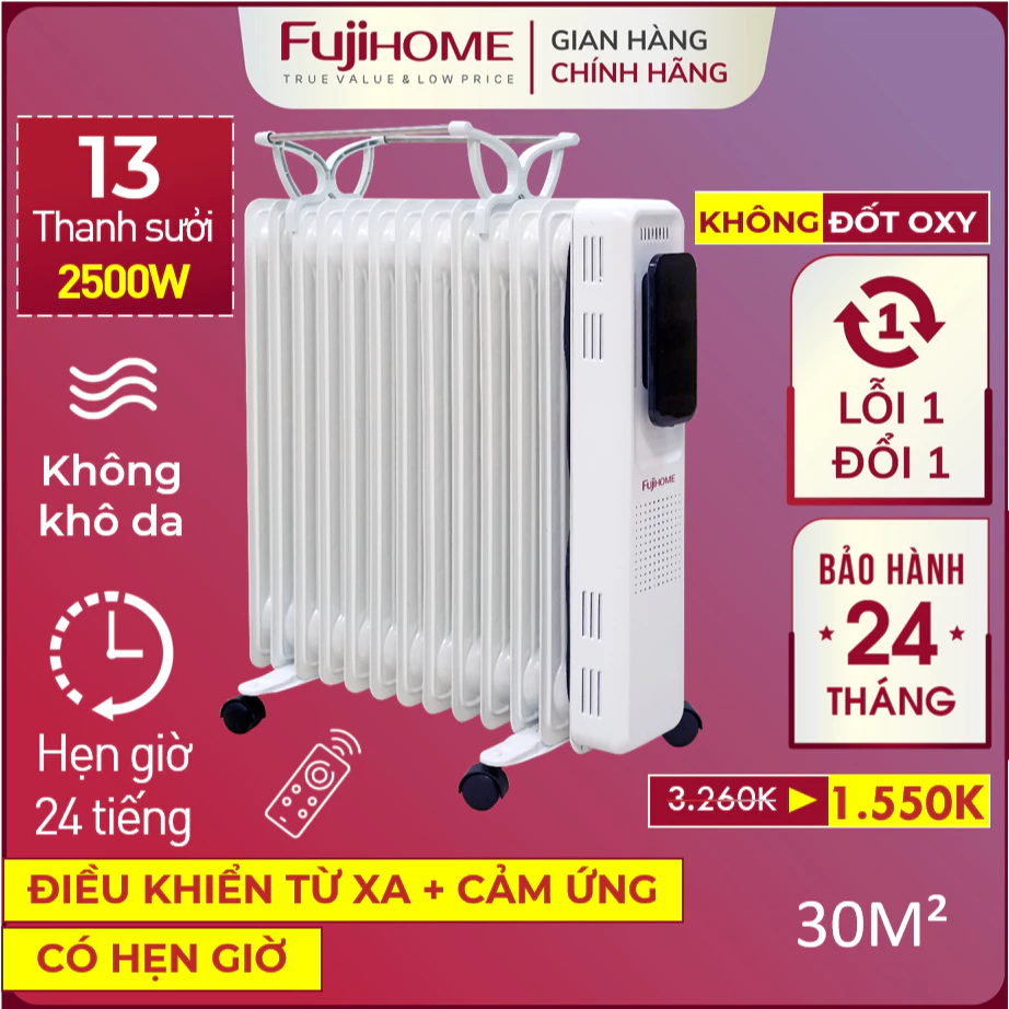 Máy sưởi dầu Nhập Khẩu 13 thanh không khô da FUJIHOME, lò sưởi phòng ko đốt oxy điều khiển từ xa heaters fin