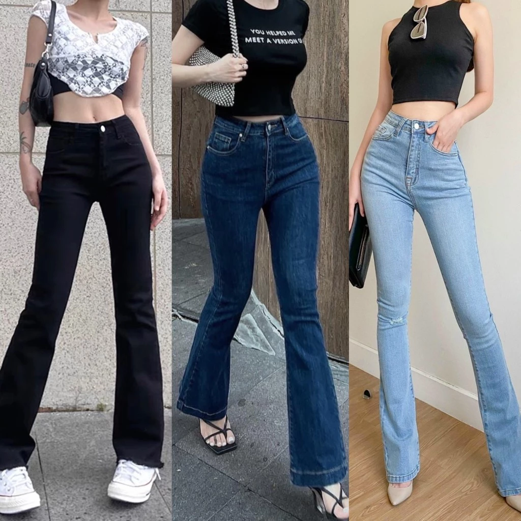 Quần Jean Ống Loe BigSize Đủ Màu Đen Tuyền Xanh Đậm Xanh Nhạt Lưng Cao Co Dãn Mạnh Ống Bát Dài 103cm
