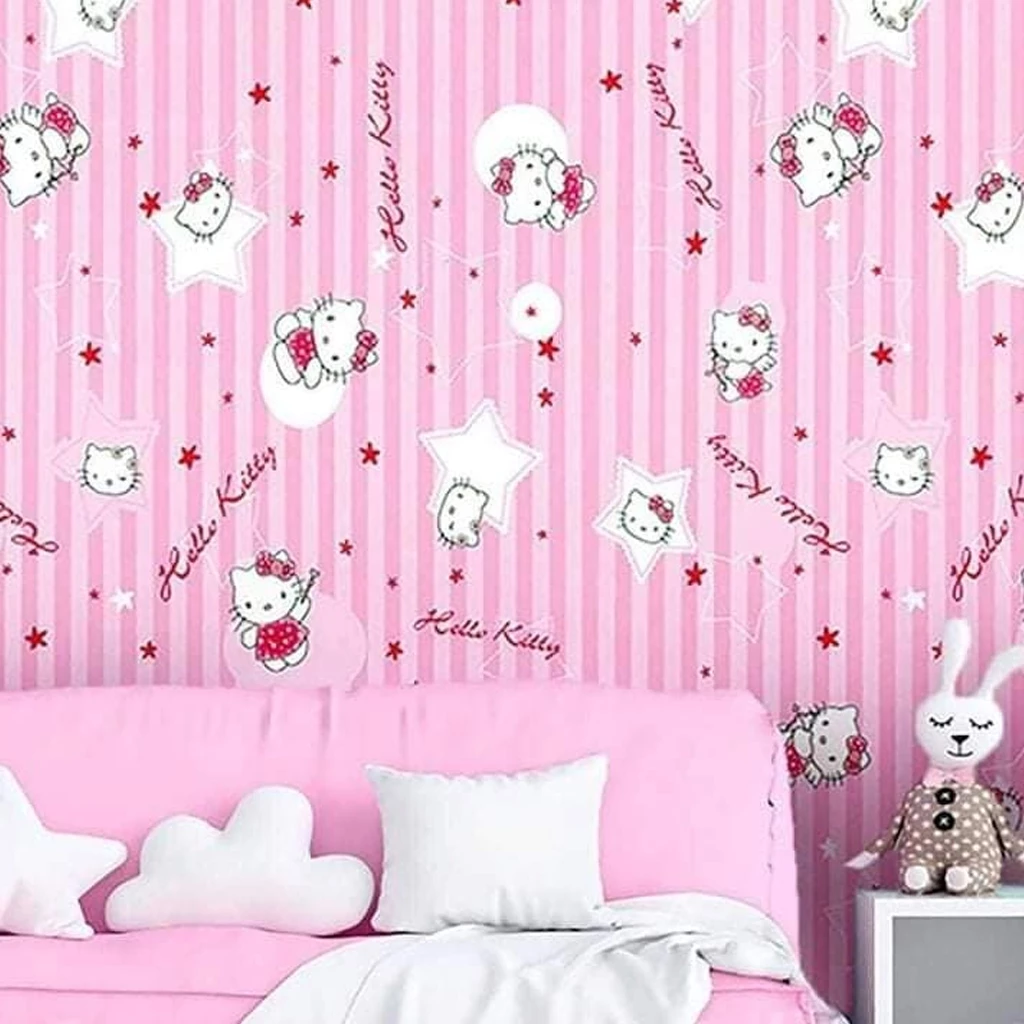 Giấy dán tường hoạt hình hello kitty sao màu hồng dễ thương sẵn keo dán phòng ngủ trẻ em