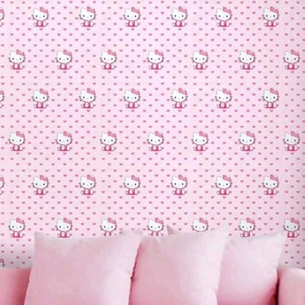 Giấy dán tường trẻ em hoat tiết kitty nơ hồng dễ thương sẵn keo 0.45mx10m