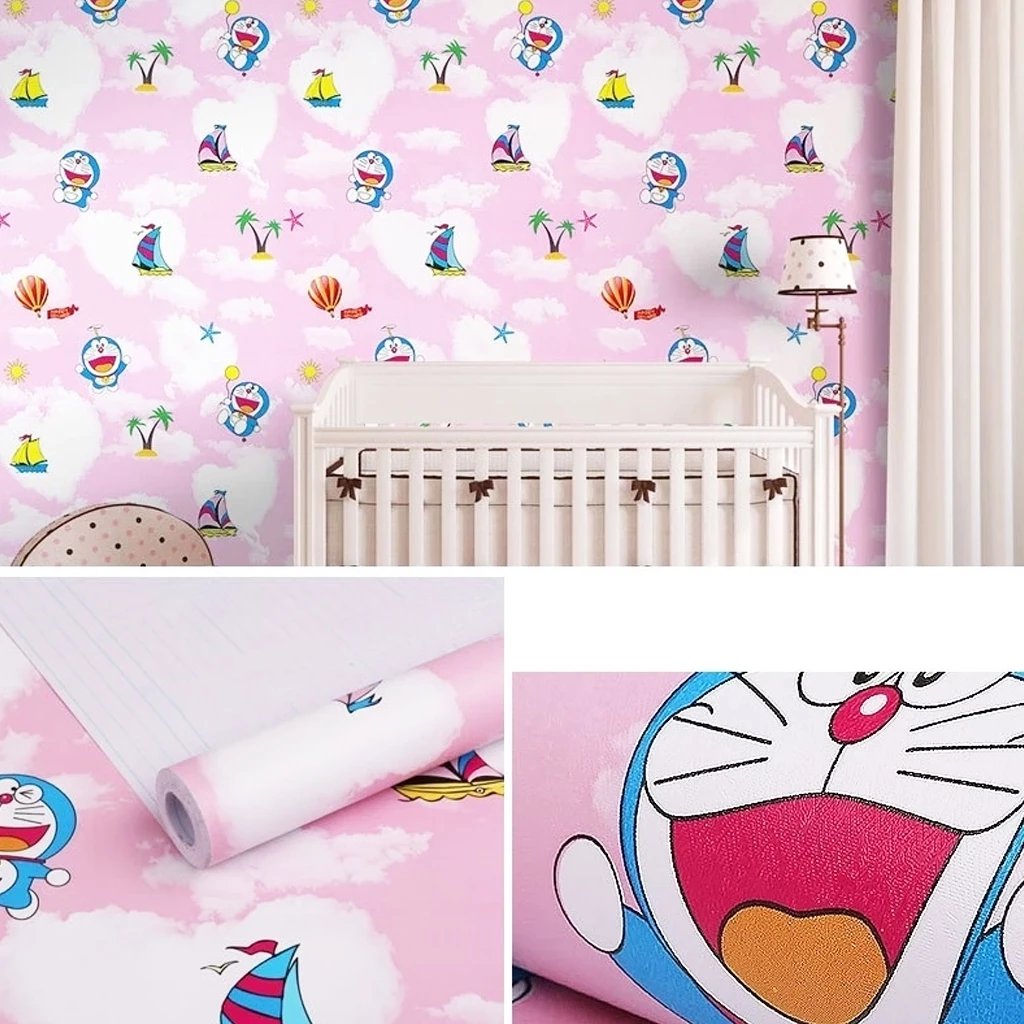 Giấy dán tường Doraemon trời hồng dán phòng ngủ dễ thương cho bé sẵn keo 0.45mx10m