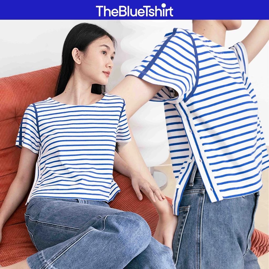 TheBlueTshirt - Áo thun sọc tay ngắn thiết kế cúc ở 2 bên áo cho nữ - Line T Signature Blue Stripe - Women