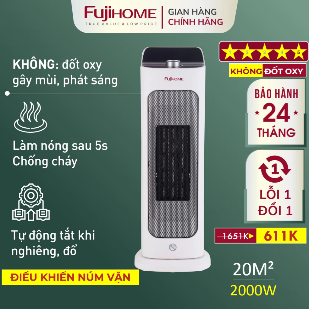Máy sưởi gốm không khô da Fujihome điều khiển từ xa, lò quạt sưởi ấm điệ tiết kiệm điện mini