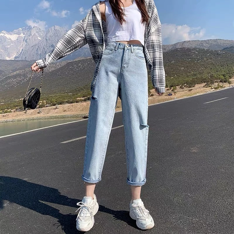 Quần Jeans Baggy Nữ Phong Cách Hàn Quốc, Kiểu Rách Cạnh Đủ Size 53-90kg