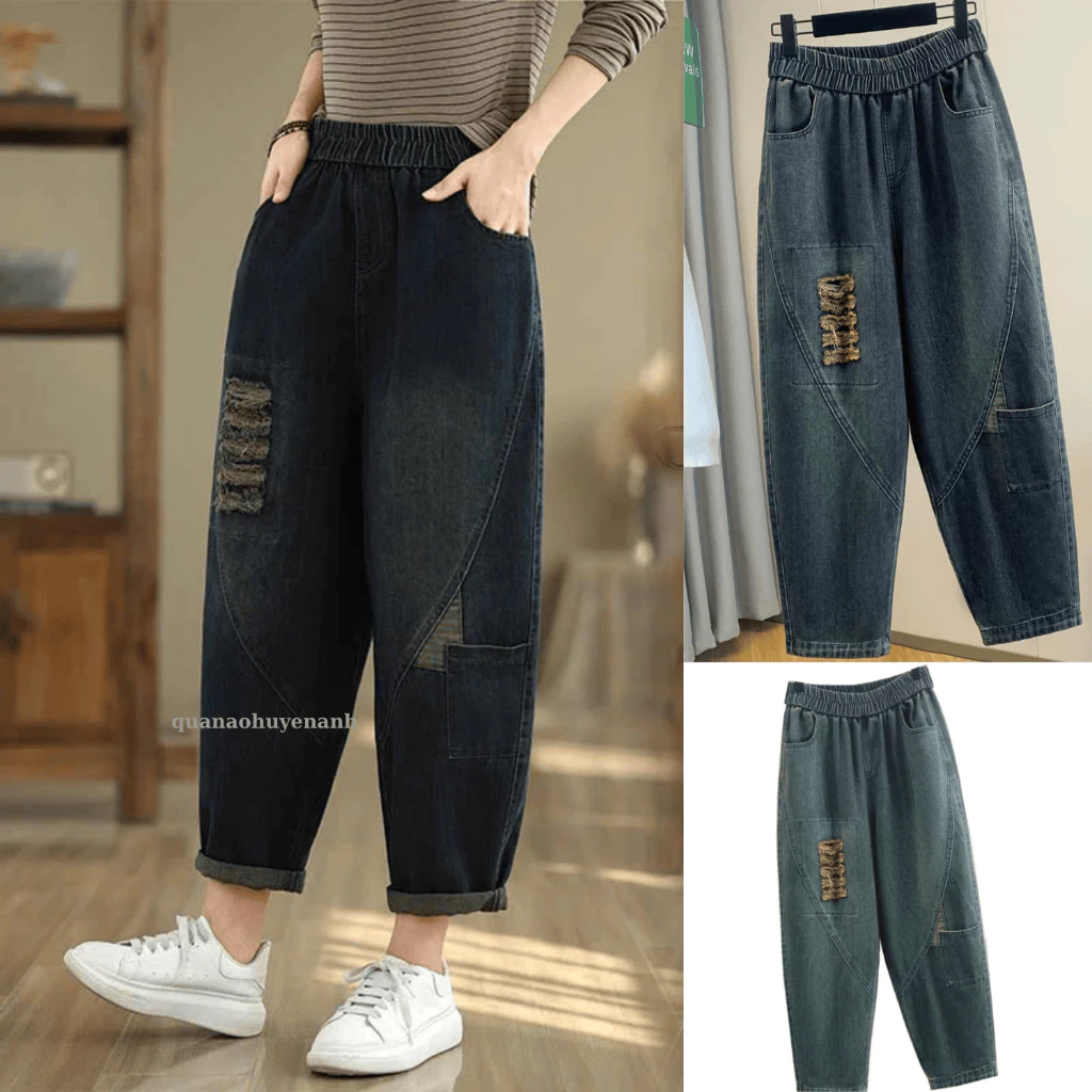 Quần Jean Rách Nữ Dáng Rộng Chất Liệu Vải Bò Cao Cấp Lưng Thun Phong Cách - quanaohuyenanh [M04]