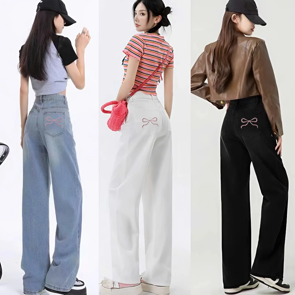 Quần Jeans Nữ Ống Rộng THÊU NƠ, Quần Kaki Nữ Ống Suông Phong Cách Hàn Quốc 3 Màu Trắng, Đen, Kem - Lea Studio