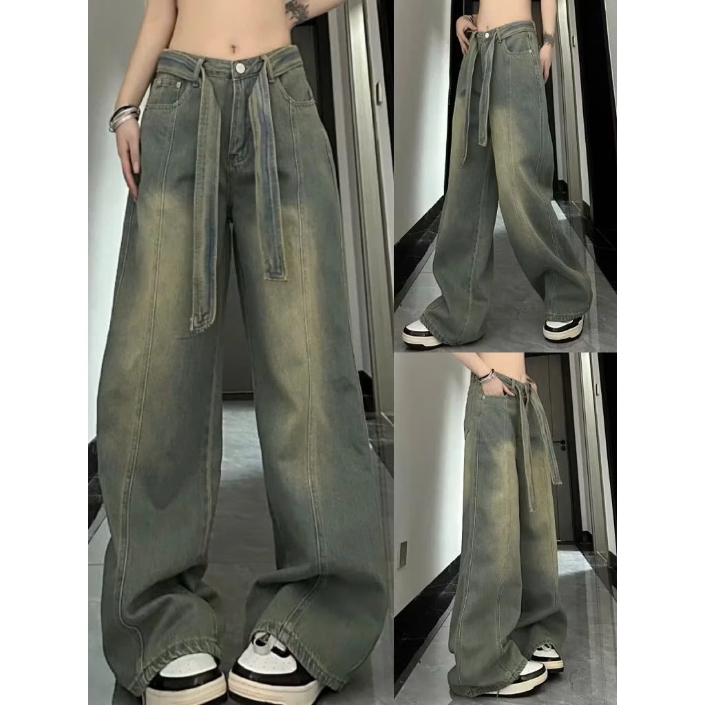 Quần jeans nữ ống rộng cạp cao, quần bò nữ ống suông kèm dây đai bản to hack dáng cực đẹp HCshop