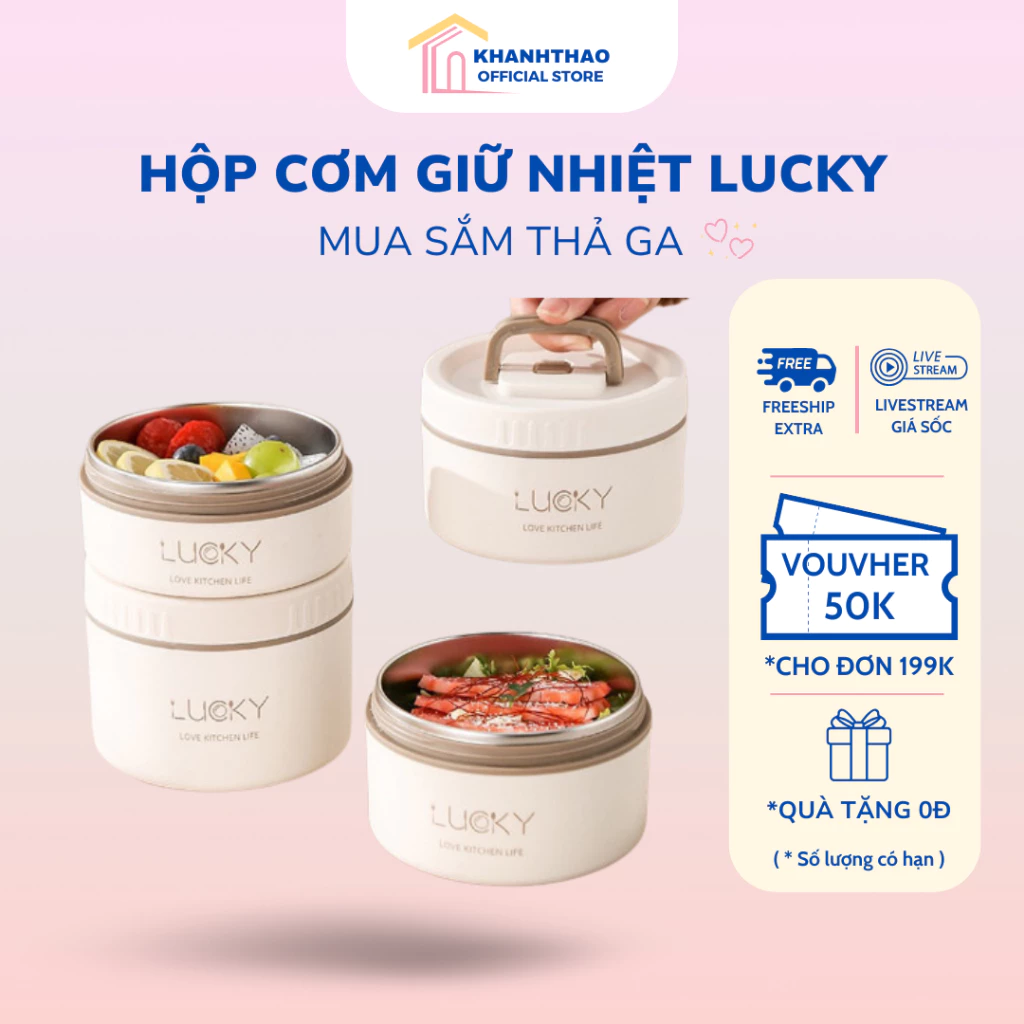 Hộp Đựng Cơm Giữ Nhiệt 3 Tâng, 4 Tầng Lucky Kèm Túi, Đũa Thìa Inox. Chất Liệu Inox 304 - Didooglt