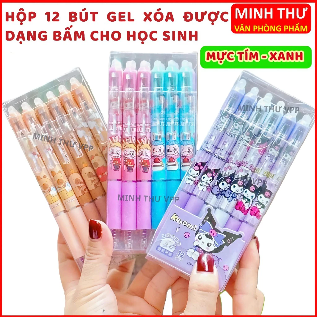 HỘP 12 Cây Bút Viết Gel BẤM TẨY XÓA ĐƯỢC Ngòi 0.5mm - Mực Xanh / Tím - Mực Đậm, Ngòi Êm, Mực Đẹp - Minh Thư VPP
