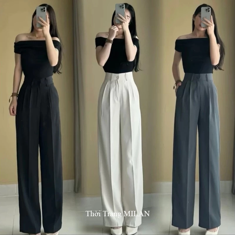 (Vải Tuyết Mưa)Quần tây ống rộng nữ đi học công sở cạp lưng cao dáng quần ống rộng nữ suông dài dày đen đáy cao