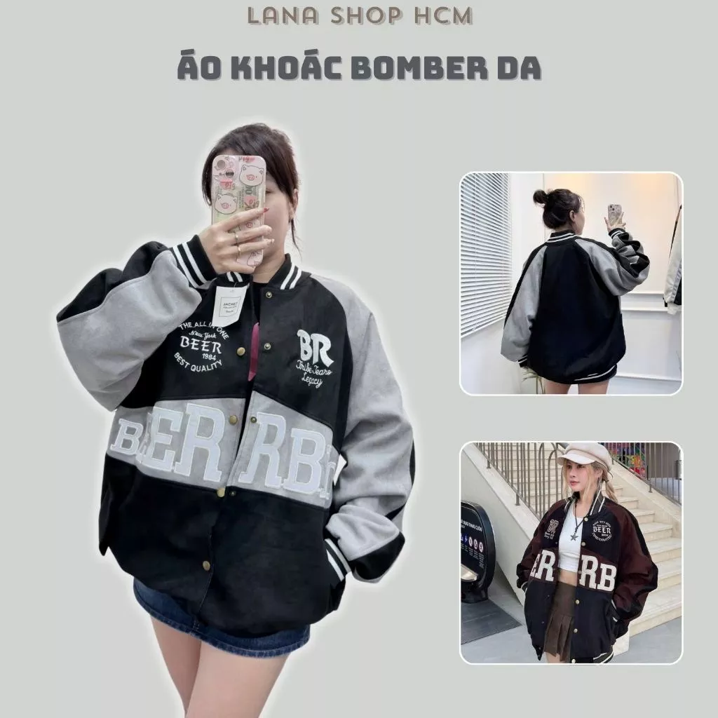 [Ảnh Thật] Áo Khoác Bomber BEERRBRO Màu Mới Chất Da Lộn Form Rộng Tay Bồng Thêu Sắc Nét