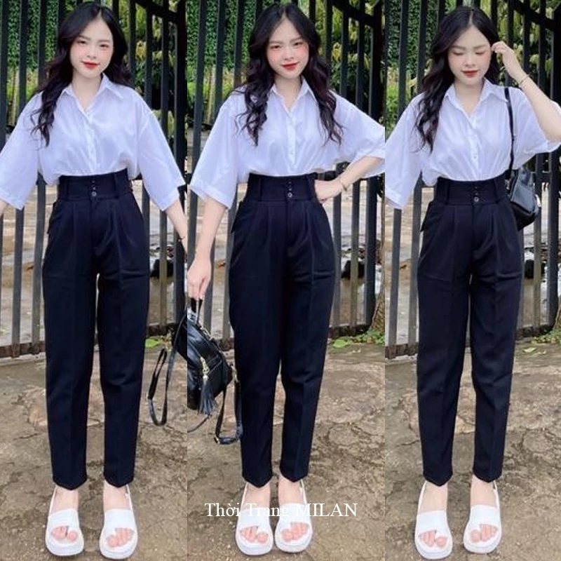 (DÀI 88-100CM)Quần tây nữ đi học lưng cao M633 m50 m60 m65 màu Đen dáng quần baggy vải 3 cúc cạp cao bản to vải dày mềm