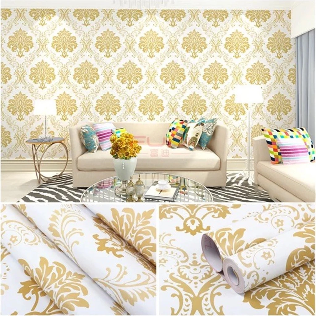 10m DECAL GIẤY DÁN TƯỜNG HOA VĂN CHÂU ÂU MÀU VÀNG NỀN TRẮNG
