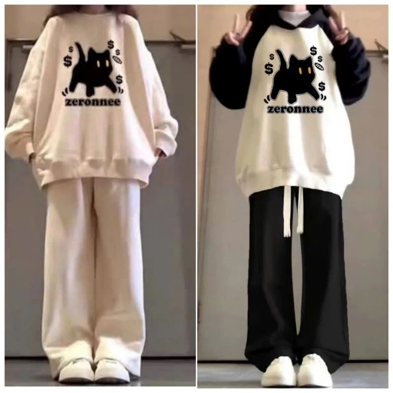 Sét Bộ Thu Đông chất vải Nỉ Bông, Quần Ống Suông Dây Bản To + Mix Áo Hoodie Mèo Máy Form Unisex