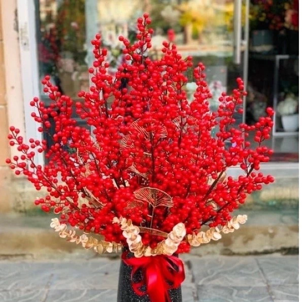 Cành đào đông đỏ (cherry) trang trí dài 100cm 12 nhánh (Loại cao cấp), hoa trang trí tết