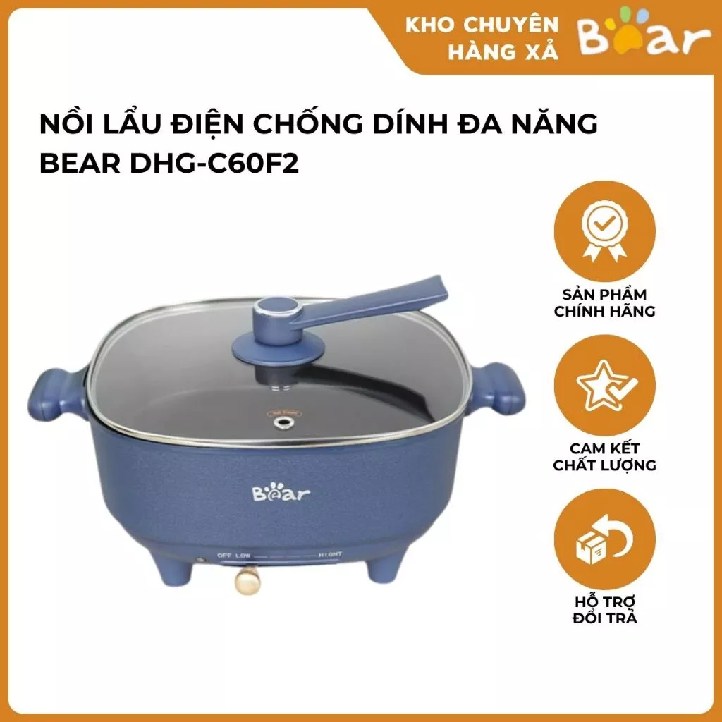 Nồi lẩu điện chống dính đa năng Bear DHG-C60F2 nút gạt tự động ngắt bền đẹp dễ vệ sinh dung tích 6L