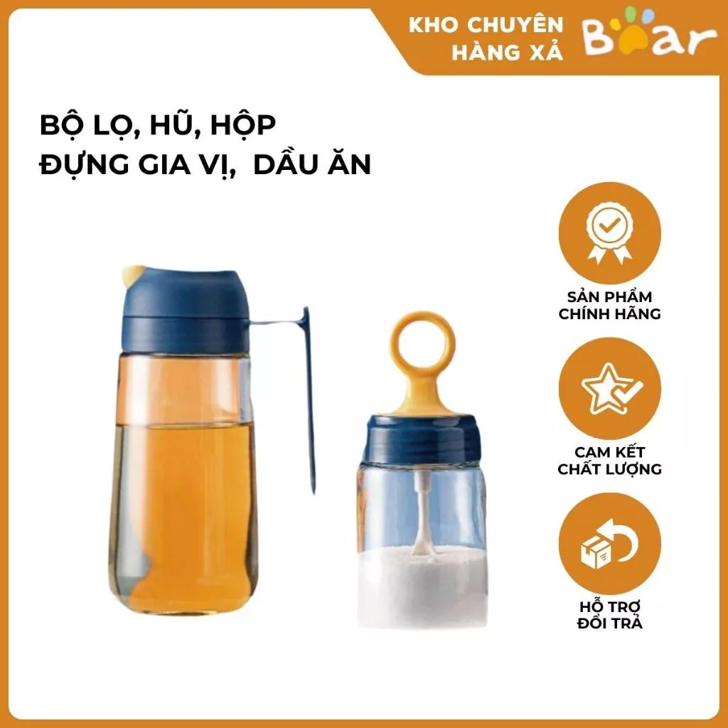 Bộ lọ hũ hộp đựng gia vị bình đựng dầu ăn mật ong thủy tinh chống tràn nắp đai chống ẩm dễ vệ sinh