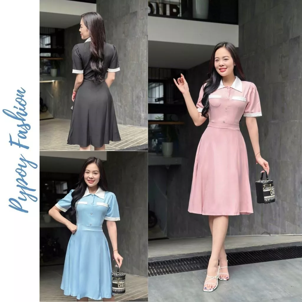 Đầm công sở phối cổ tay áo thanh lịch, cổ gập cách điệu, thắt eo duyên dáng