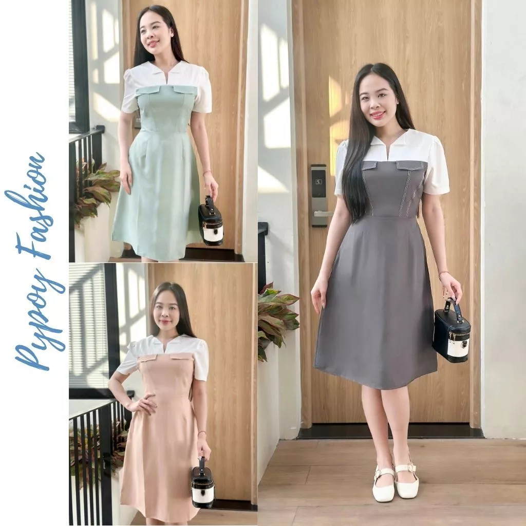 Đầm dự tiệc phối vai cách điệu trẻ trung, đầm công sở thanh lịch sang trọng
