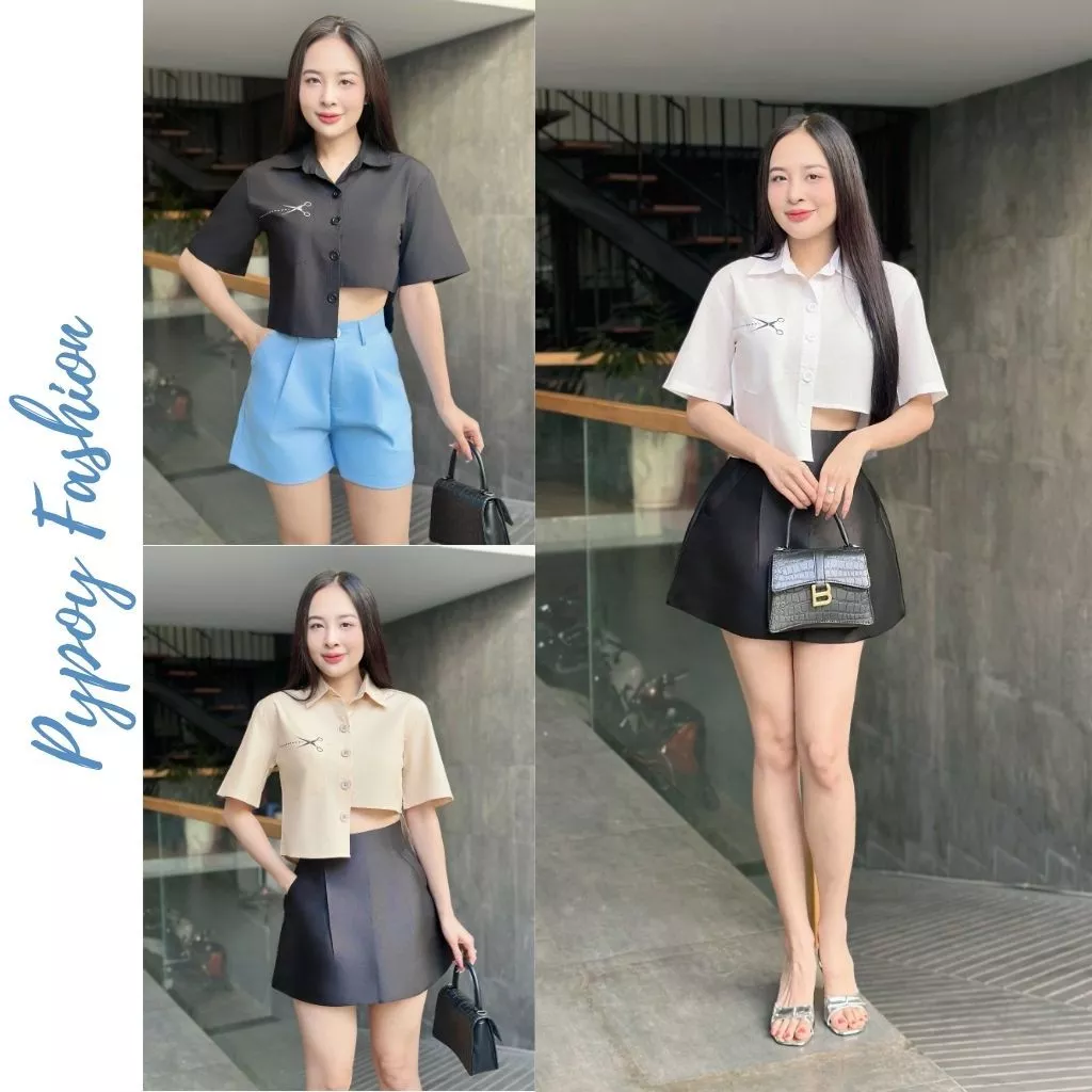 áo sơ mi nữ kiểu croptop tay ngắn thời trang cá tính, trẻ trung, năng động