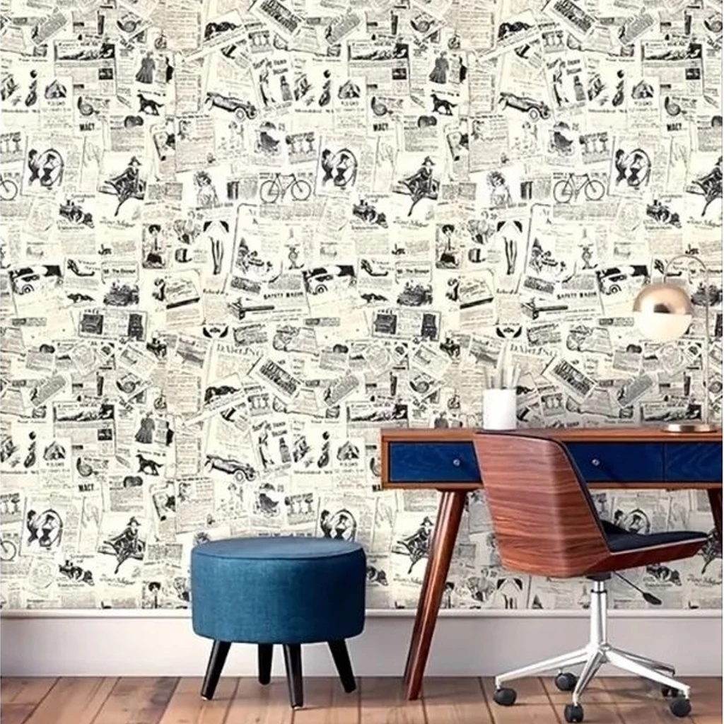 Giấy Dán Tường Phong cách Cổ Điển Già Báo chí, Hình nền Quán cà phê Retro Vintage 45cmx10m