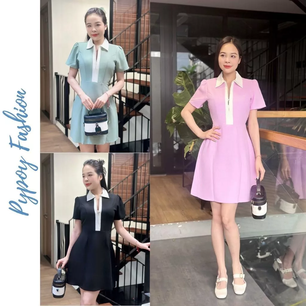 đầm công sở Sang Chảnh Phối Cổ Dáng A Cách Điệu Tay Cụp, Dự Tiệc, Đi Làm Siêu Xinh Thanh Lịch